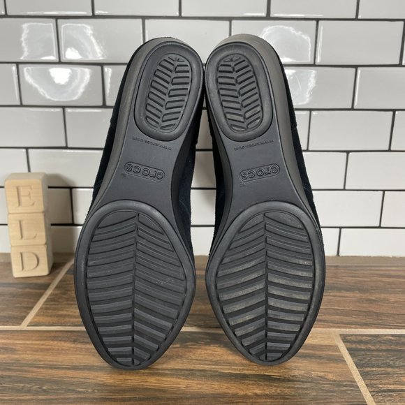 CROCS Leigh Womens 9.5 Shoes Black Suede Dual Comfort Wedge Shootie Ankle Boots - Picture 7 of 14